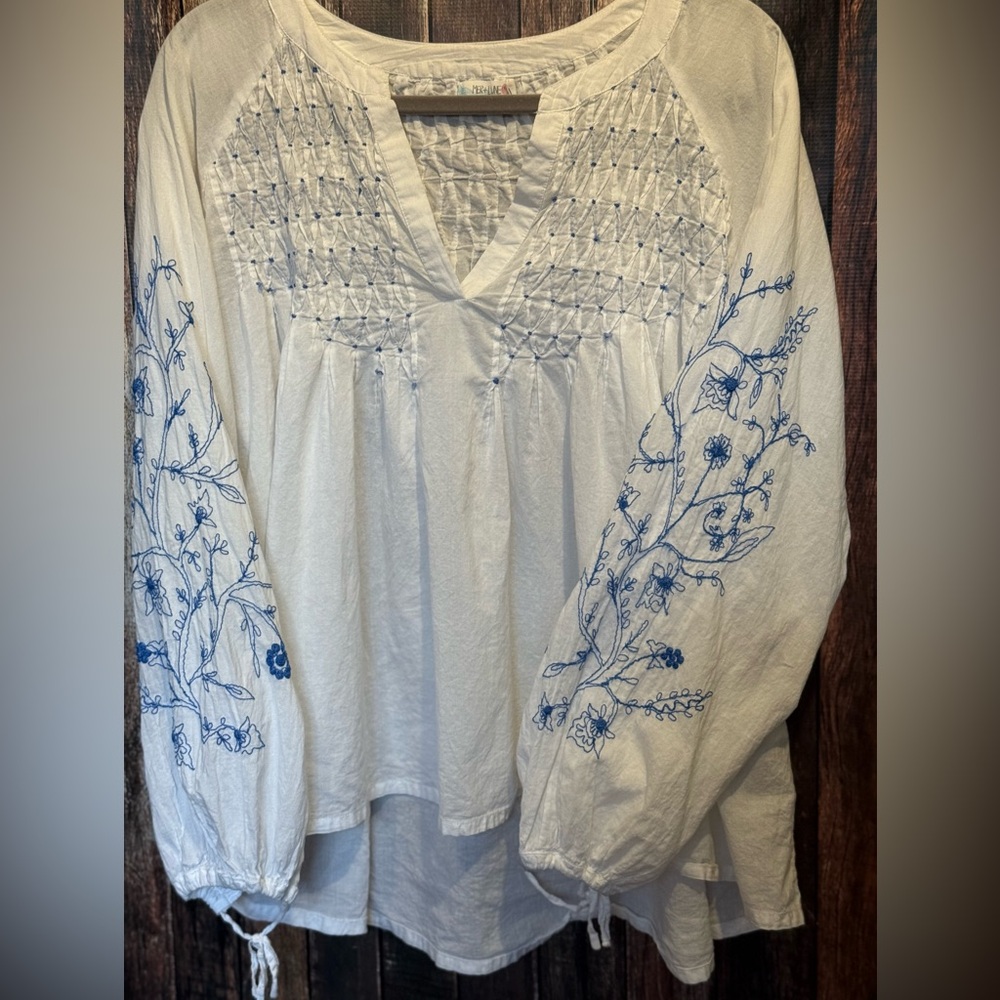 Anthropologie Mer+Lune White and Blue Smocked Embellished Blouse